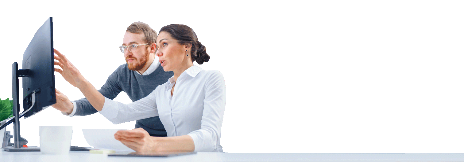 two people looking at computer monitor